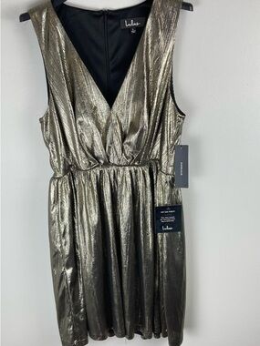 Lulu's Metallic Gold V-Neck Mini Dress Size L NWT